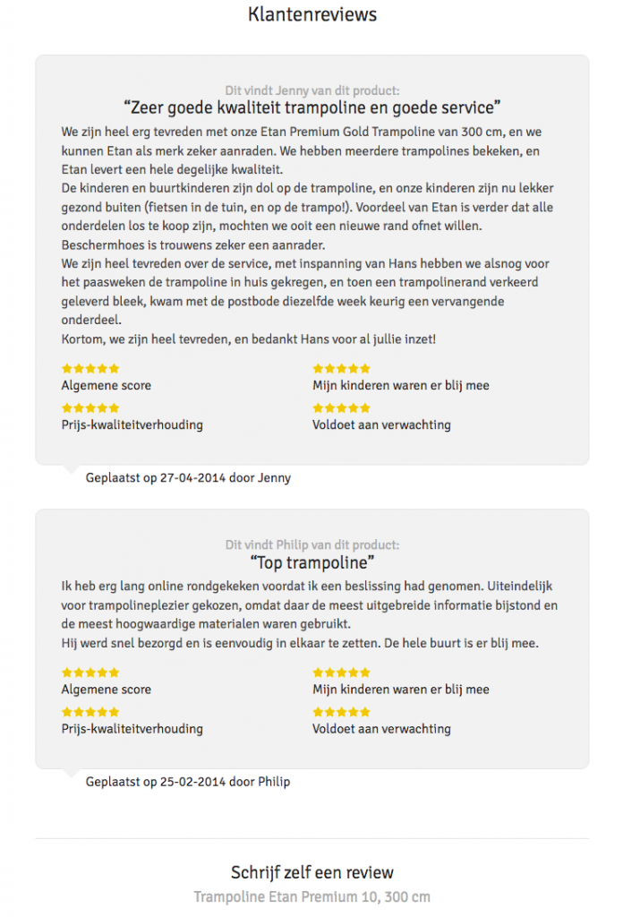 Beoordeling door klant over Etan premium 10 trampoline