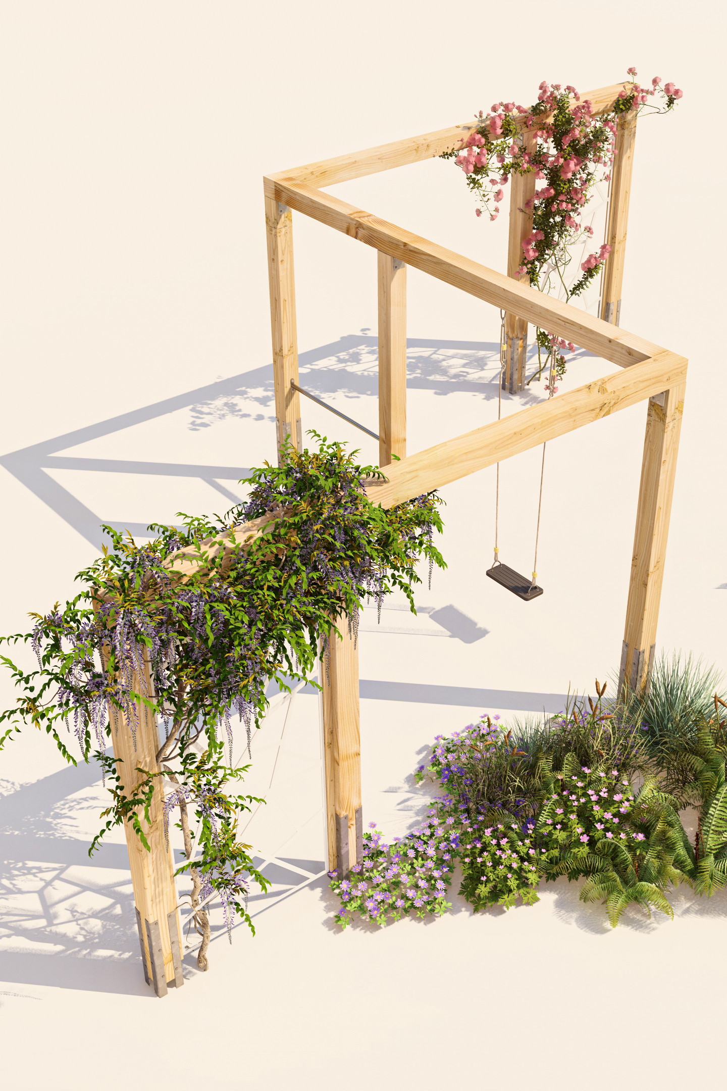 schommels en klimplanten aan Modernplay pergola