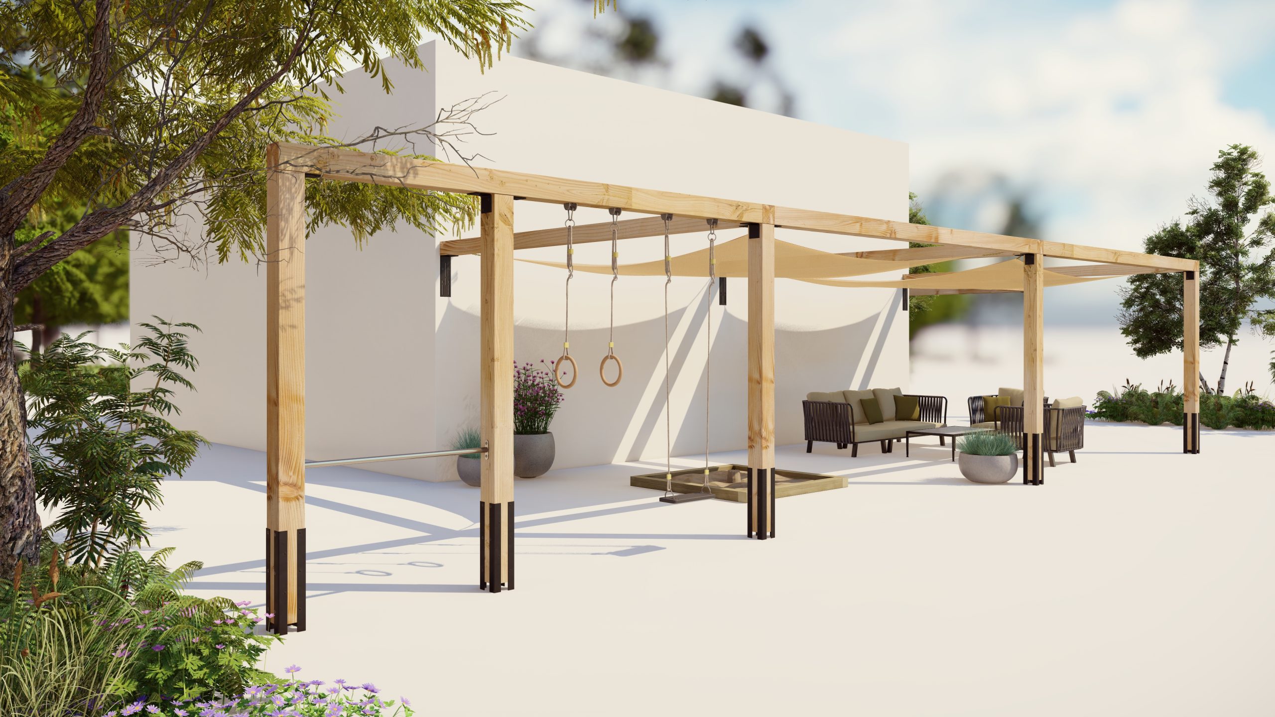 grote douglas pergola met speelelementen zoals een duikelrek en schommel